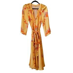 March 11 Yellow Multicolor Abstract Floral Print Satin Midi Dress Size L